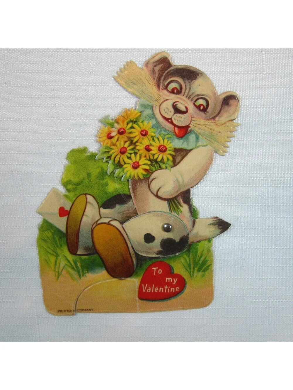 Vintage Valentine Card Mechanical Puppy Dog w/ Flowers Stand Up Germany 1920-30s